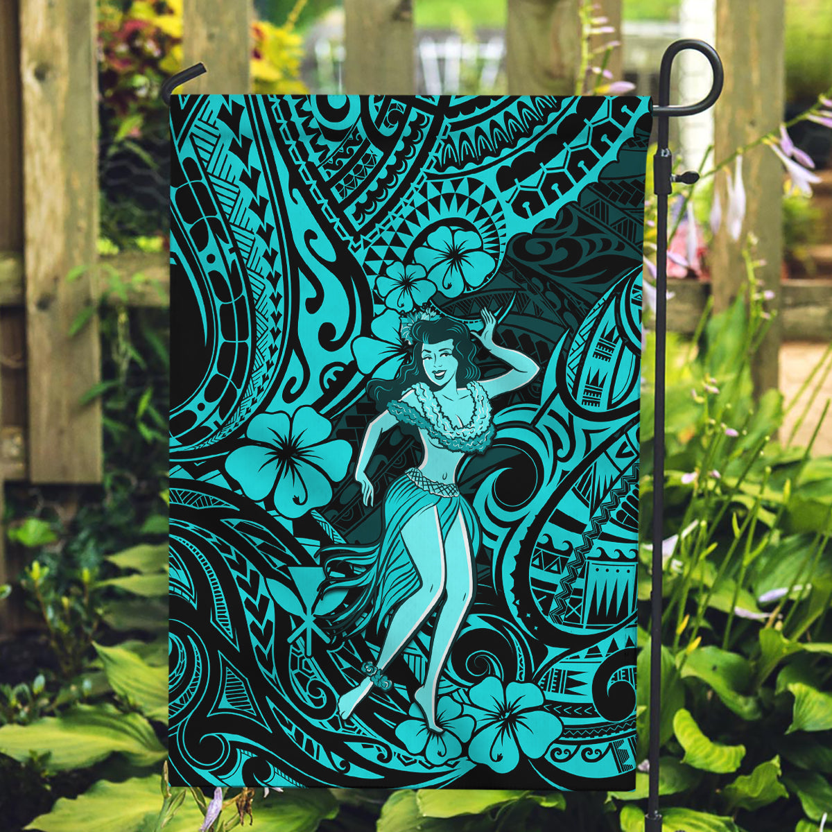 Hawaii Hula Girl Garden Flag Hibiscus Hawaii Tribal Tattoo Turquoise Version - Wonder Print Shop