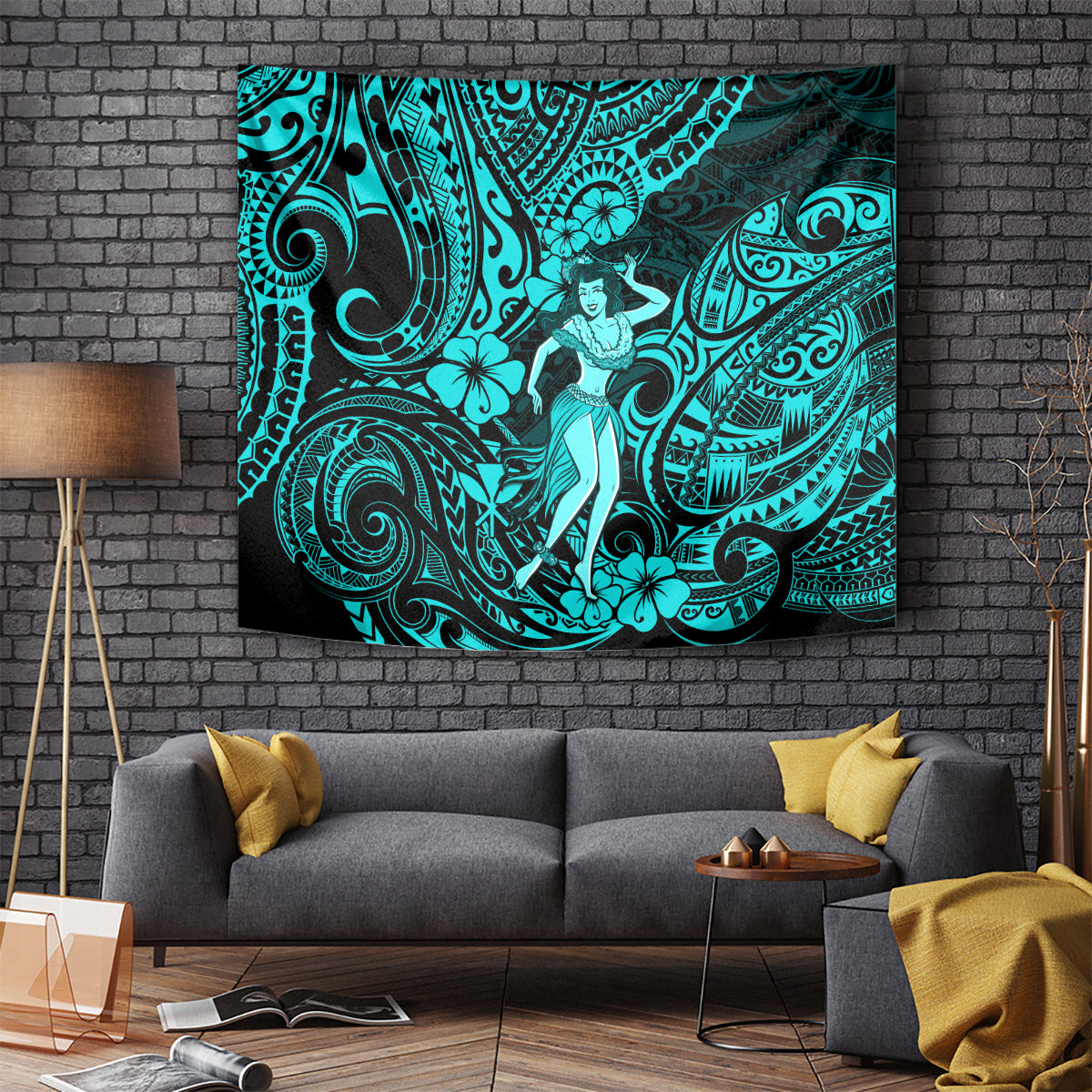 hawaii-hula-girl-tapestry-hibiscus-hawaii-tribal-tattoo-turquoise-version