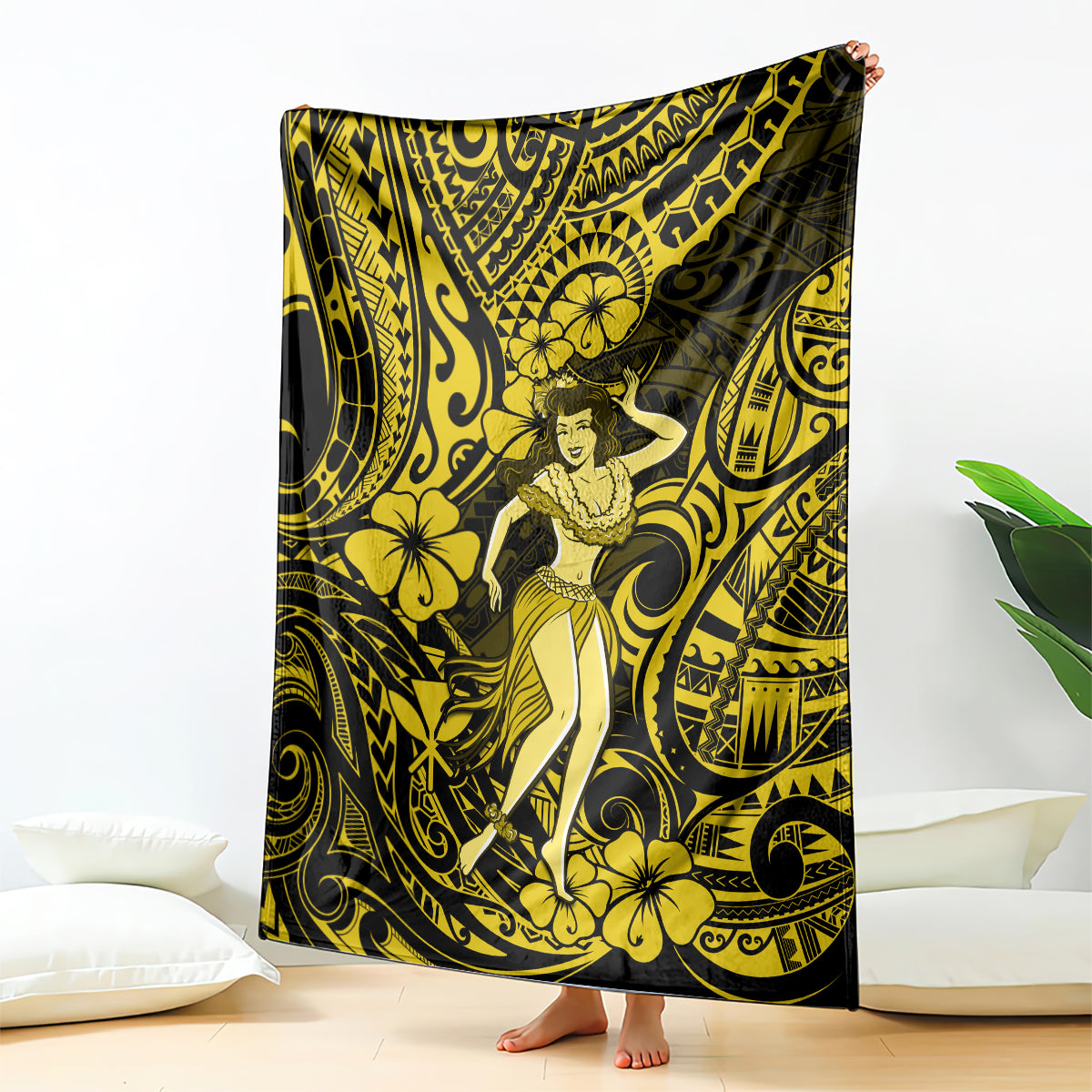 hawaii-hula-girl-blanket-hibiscus-hawaii-tribal-tattoo-yellow-version