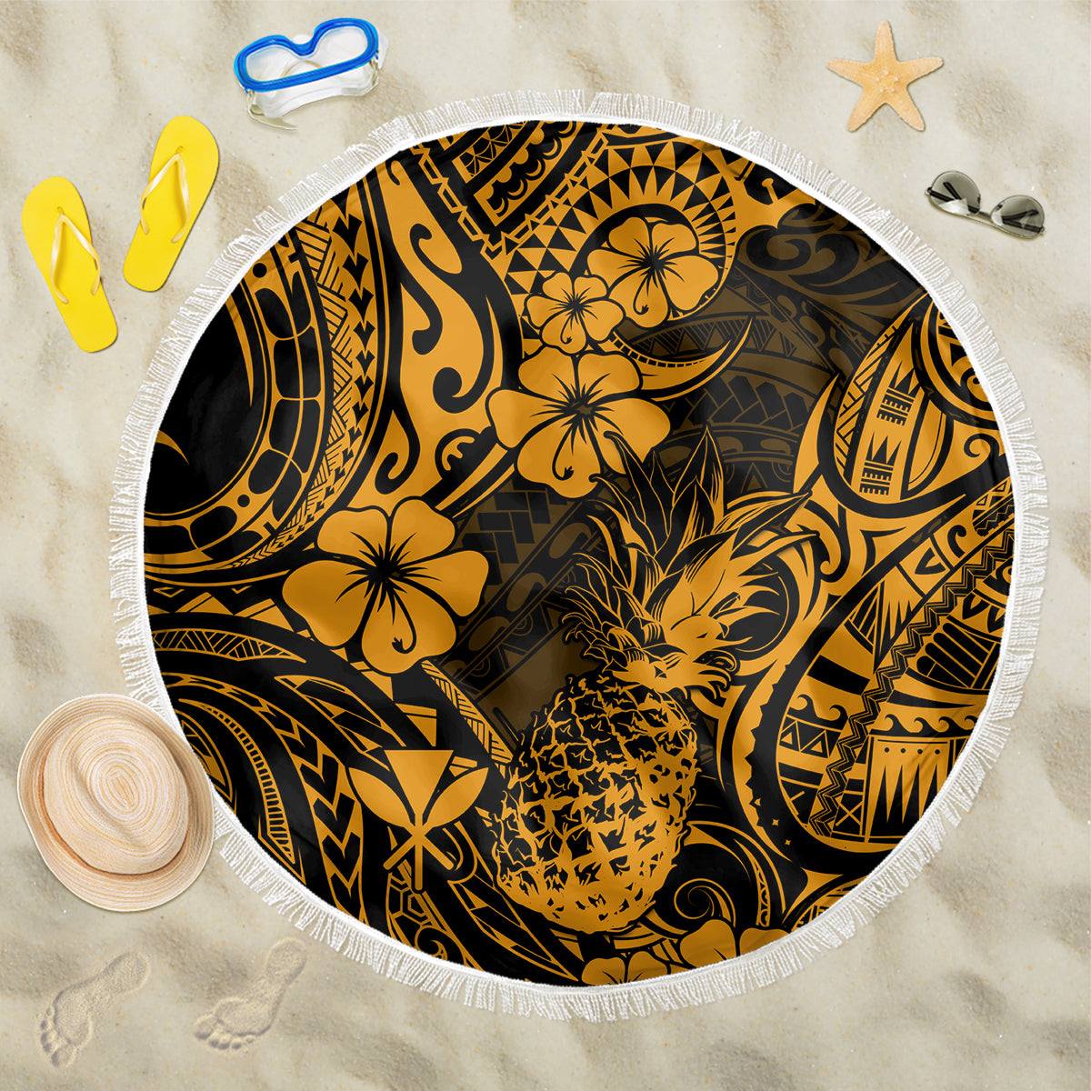 Round beach blanket with gold pineapple and floral tribal pattern on black, white fringe edge