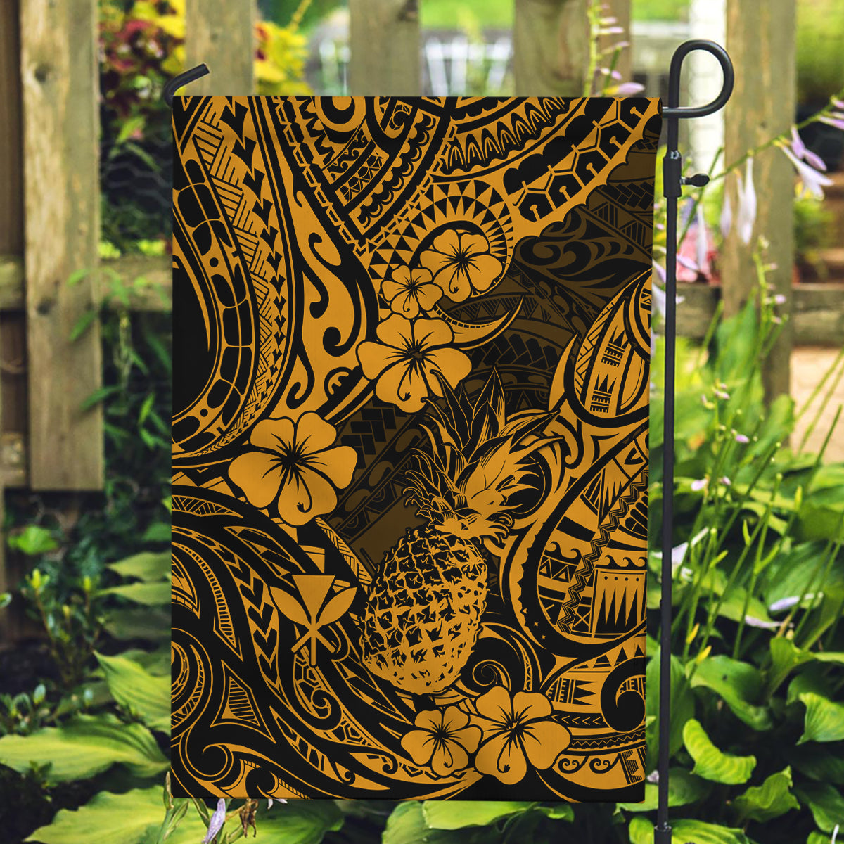 Hawaii Pineapple Garden Flag Paradise Flowers Pacific With Gold Polynesian Tribal - Wonder Print Shop