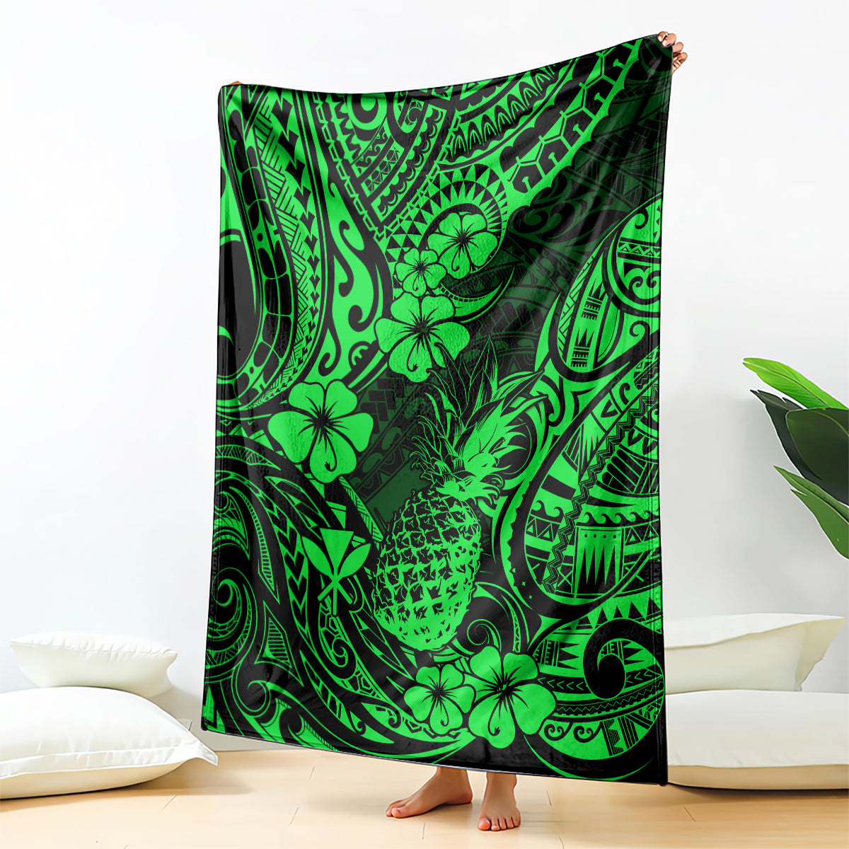 hawaii-pineapple-blanket-paradise-flowers-pacific-with-green-polynesian-tribal