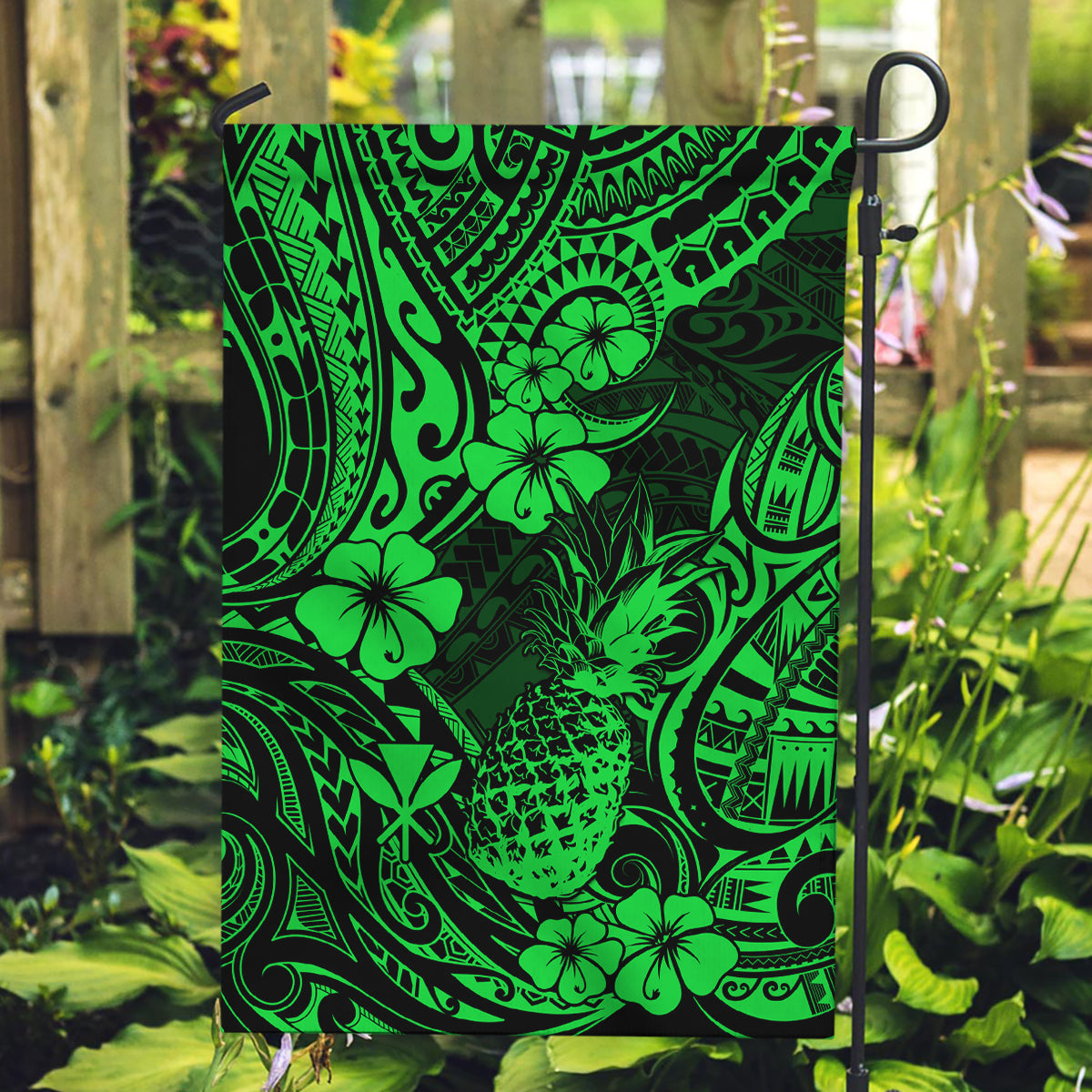 Hawaii Pineapple Garden Flag Paradise Flowers Pacific With Green Polynesian Tribal - Wonder Print Shop