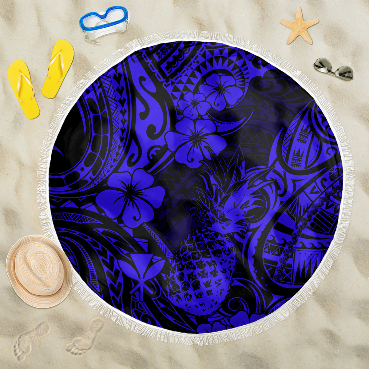 Navy blue pineapple beach blanket with floral tribal pattern and white fringe border