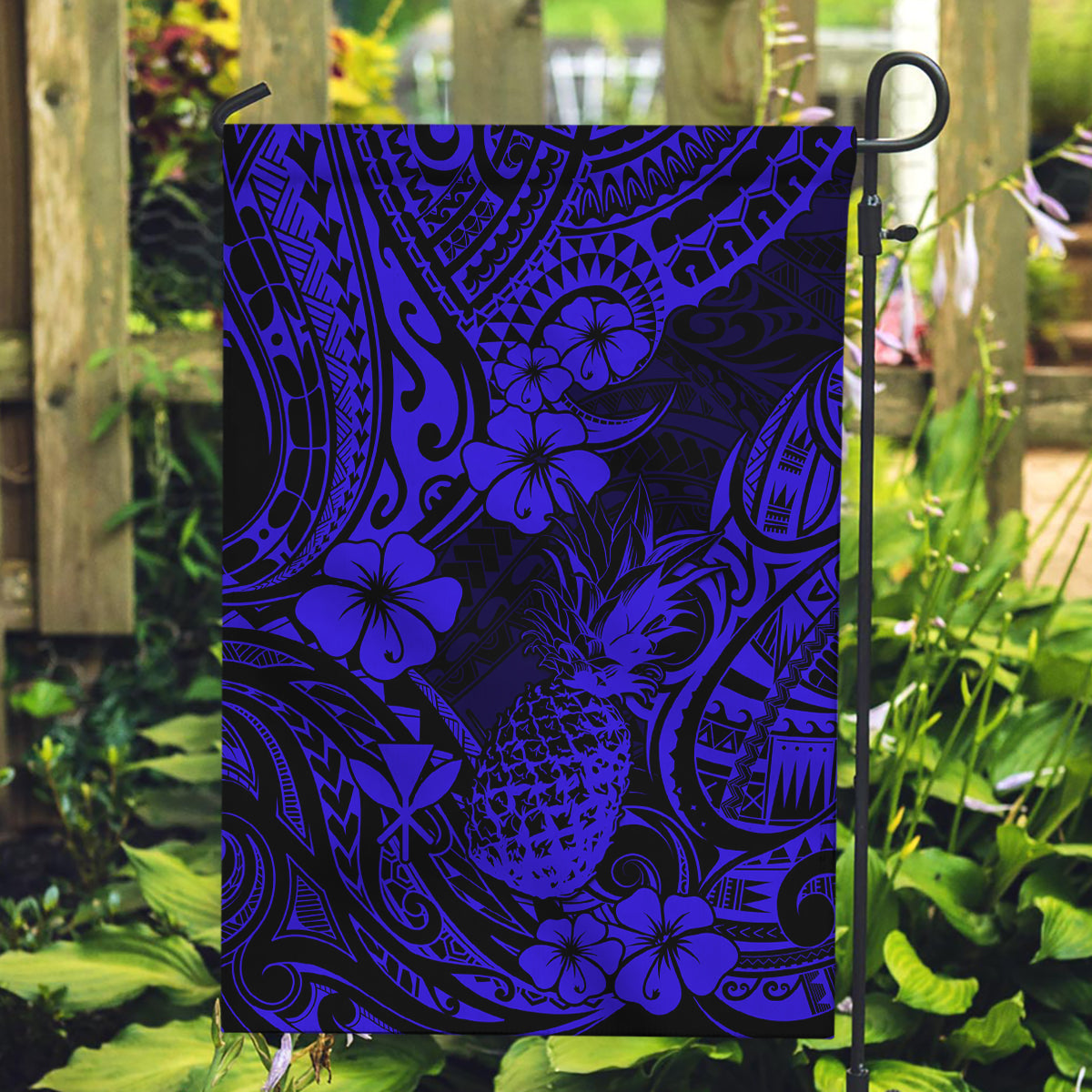 Hawaii Pineapple Garden Flag Paradise Flowers Pacific With Navy Blue Polynesian Tribal - Wonder Print Shop