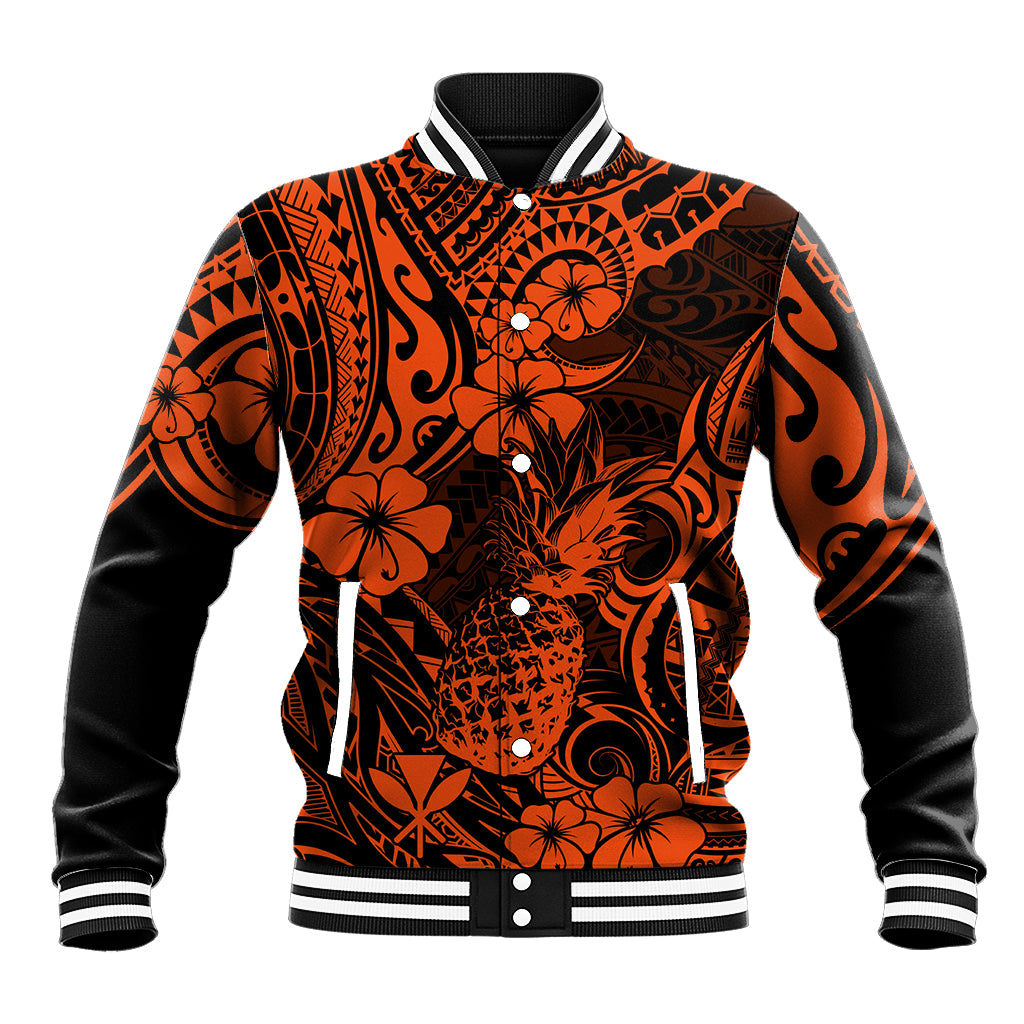 Men's orange baseball jacket with black floral pineapple print, snap front, ribbed cuffs