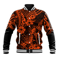 Men's orange baseball jacket with black floral pineapple print, snap front, ribbed cuffs