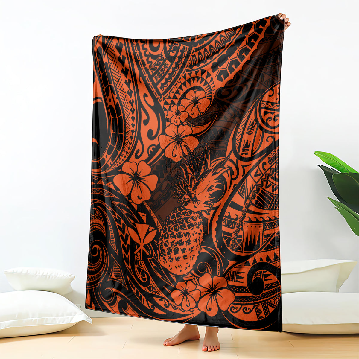 hawaii-pineapple-blanket-paradise-flowers-pacific-with-orange-polynesian-tribal