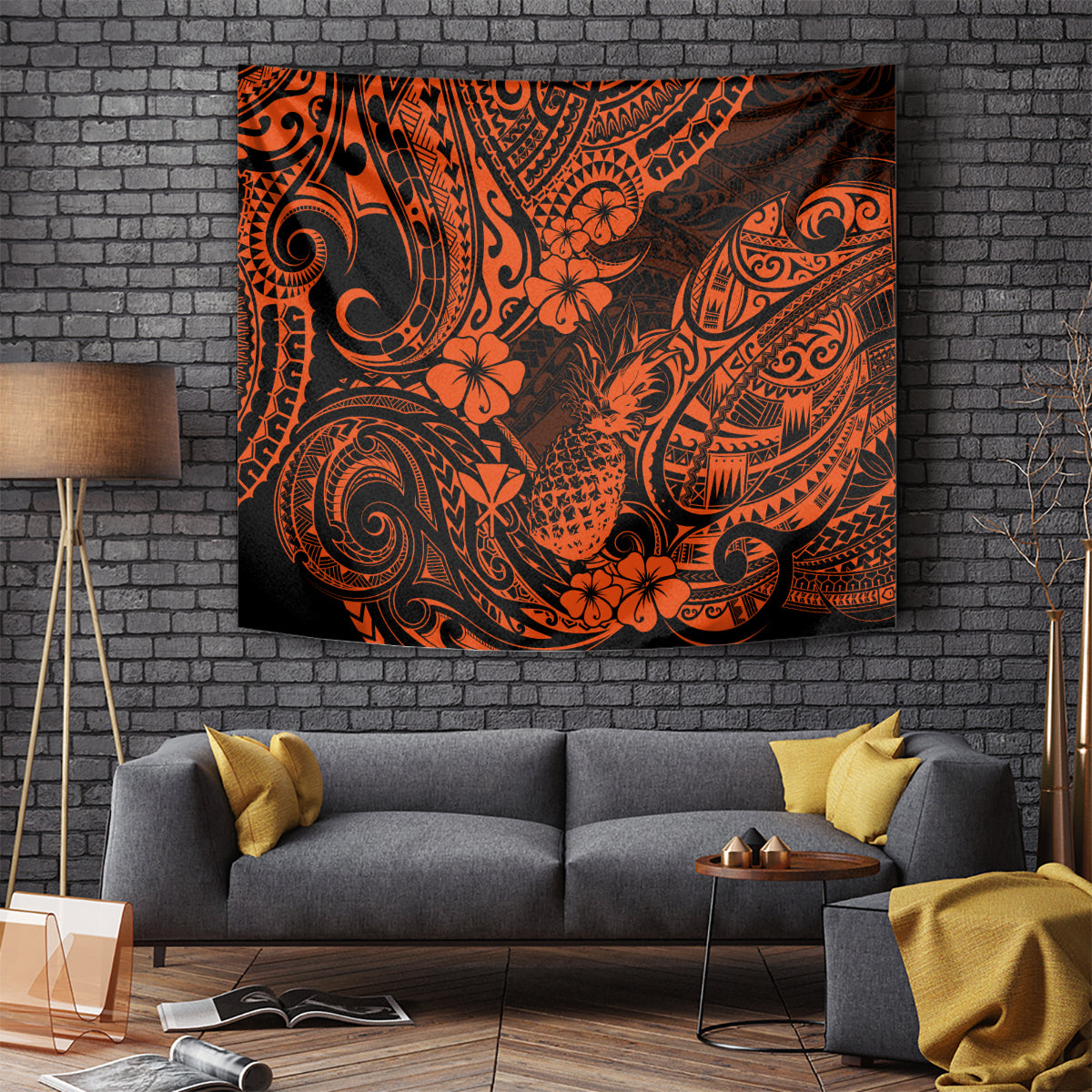 Orange and dark pineapple floral tapestry with Polynesian tribal swirl and motifs