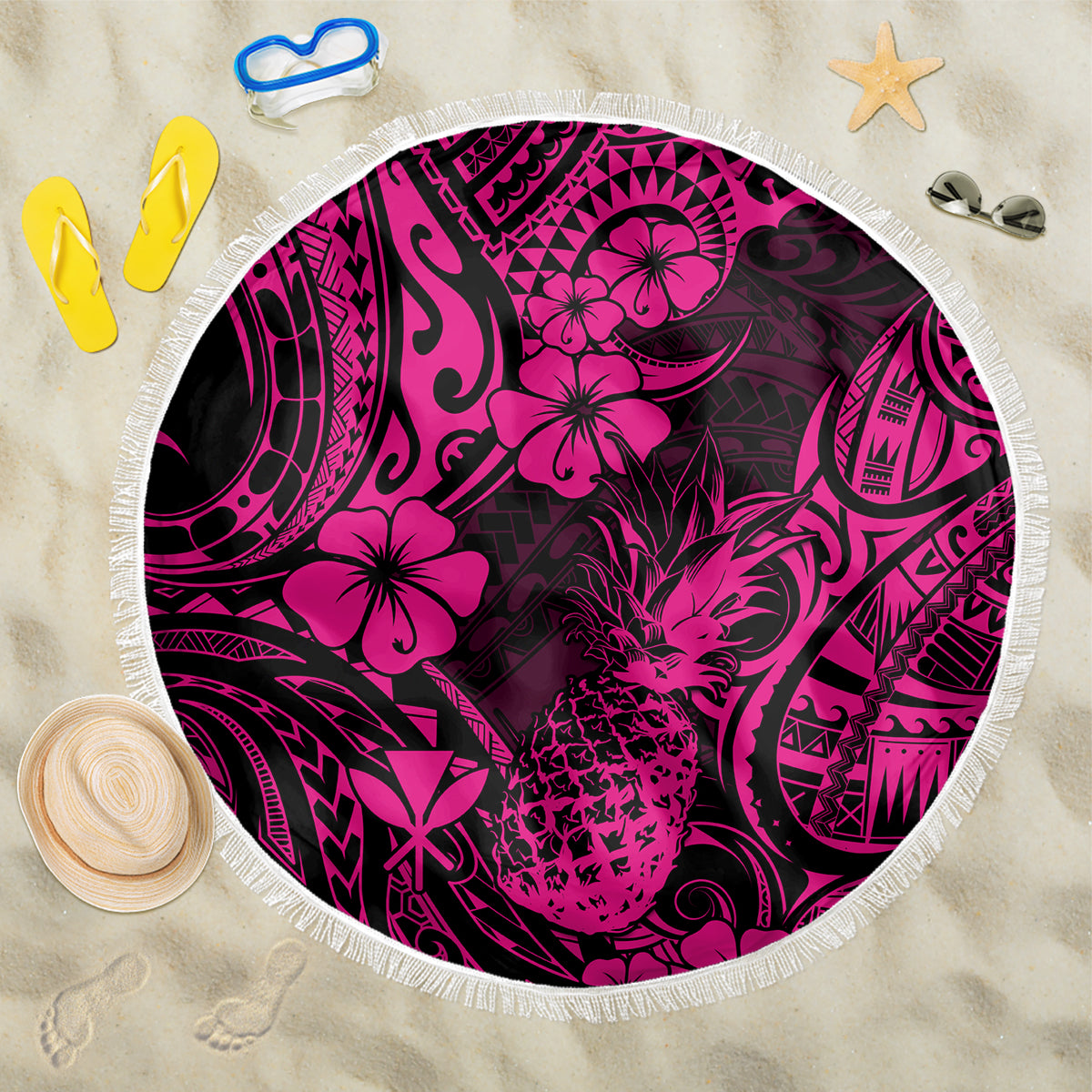 Round beach blanket with pink floral and pineapple tribal design, black background, fringe edge
