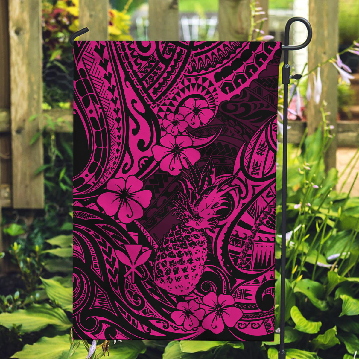 Hawaii Pineapple Garden Flag Paradise Flowers Pacific With Pink Polynesian Tribal - Wonder Print Shop