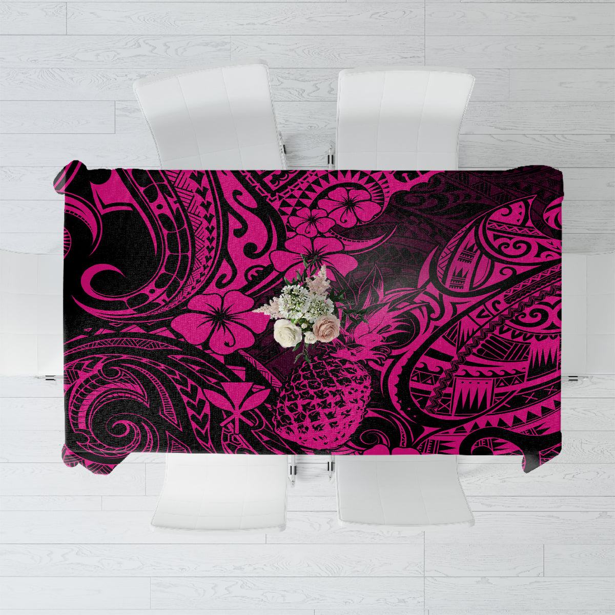 Pink and black tropical floral tribal tablecloth with ornate patterns