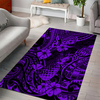 Purple Polynesian patterned area rug with floral and wave swirls, rectangular
