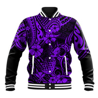 Purple and black pineapple-themed baseball jacket with floral Polynesian pattern, snap front