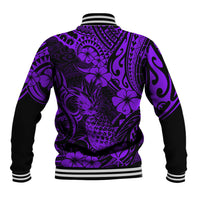 Purple and black baseball jacket with Polynesian floral pattern and striped rib hem, back view