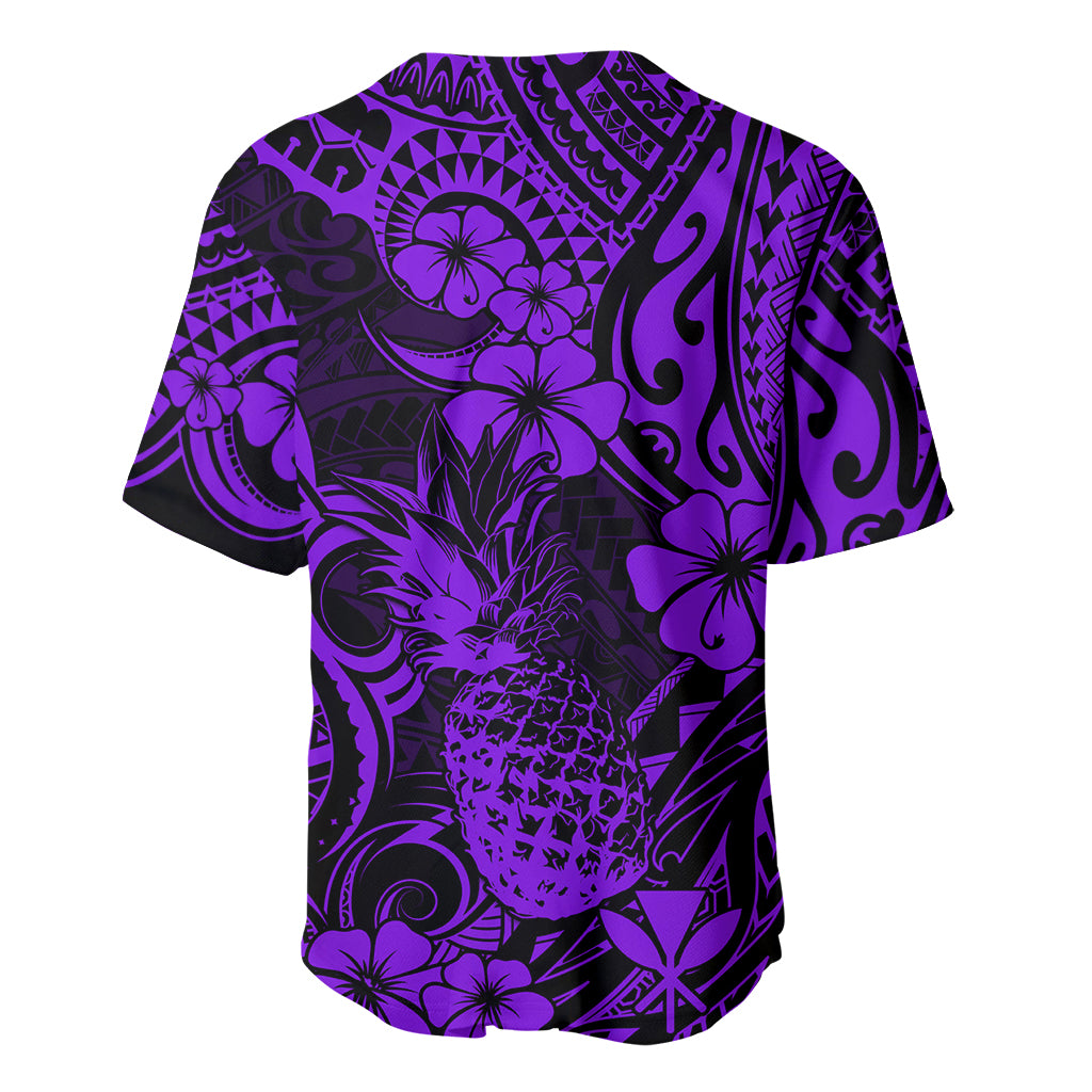 Purple tropical pineapple print baseball jersey, short sleeves, button-back style