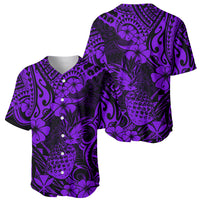 Purple pineapple tropical print baseball jersey with camp collar and short sleeves