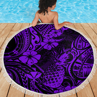Purple round pineapple-pattern beach blanket with fringed edge, Polynesian tropical print