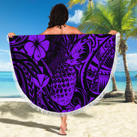 Purple round pineapple-pattern beach blanket with fringed edge and Polynesian tropical design