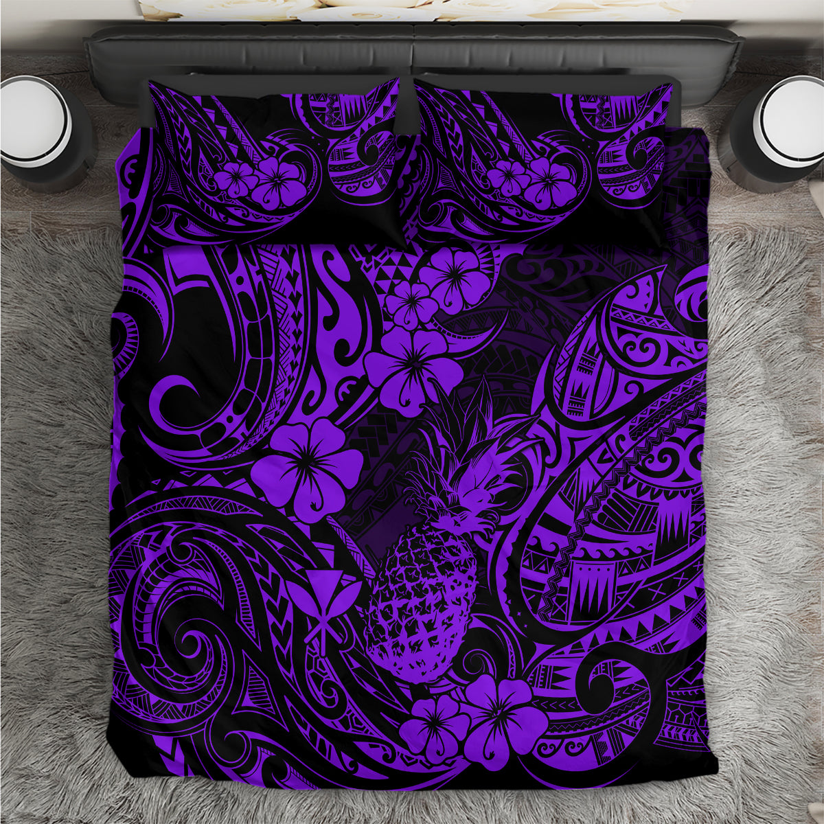 Purple Polynesian floral tribal pattern bedding set, square view of the comforter cover