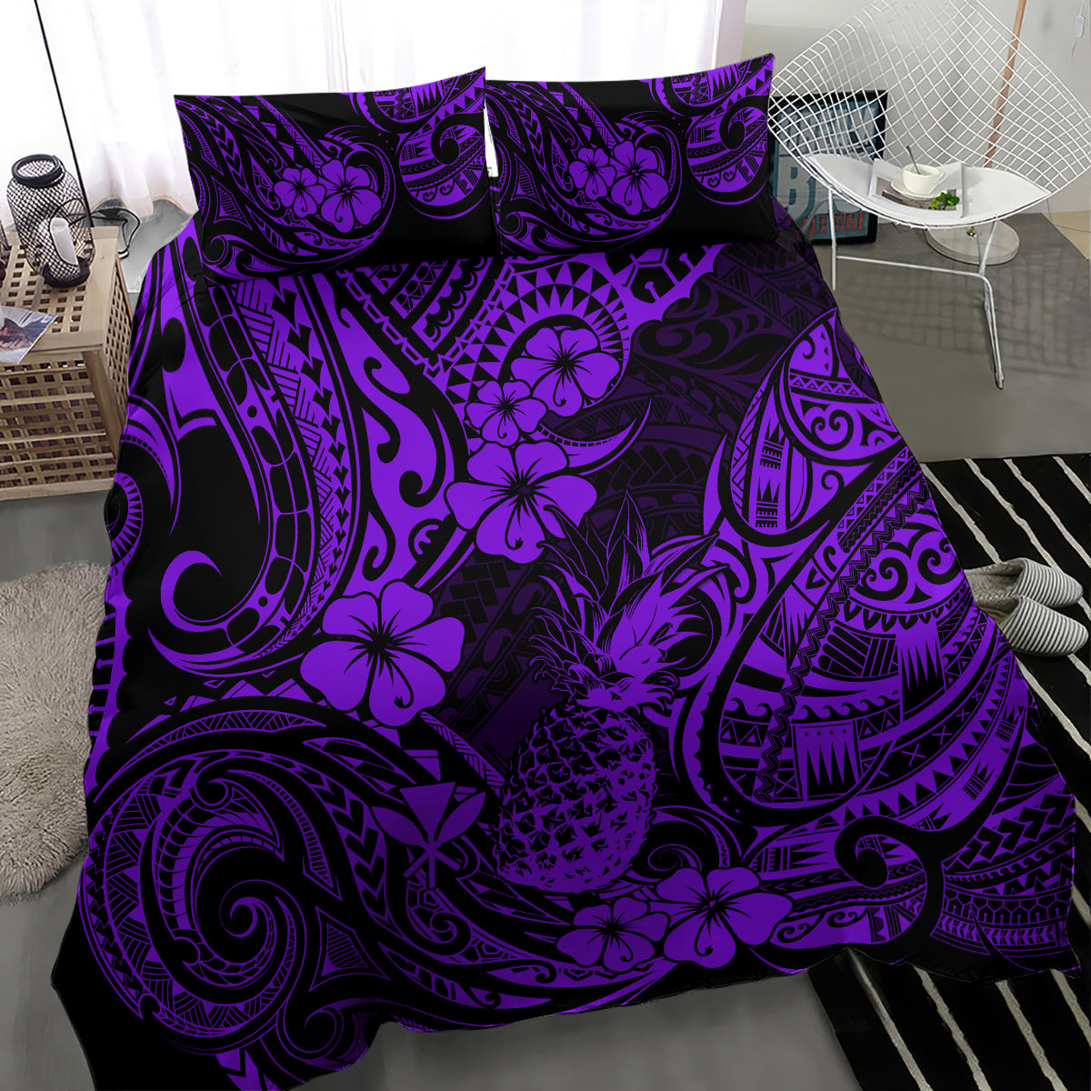 Purple Polynesian floral tribal pattern bedding set with two pillows and comforter