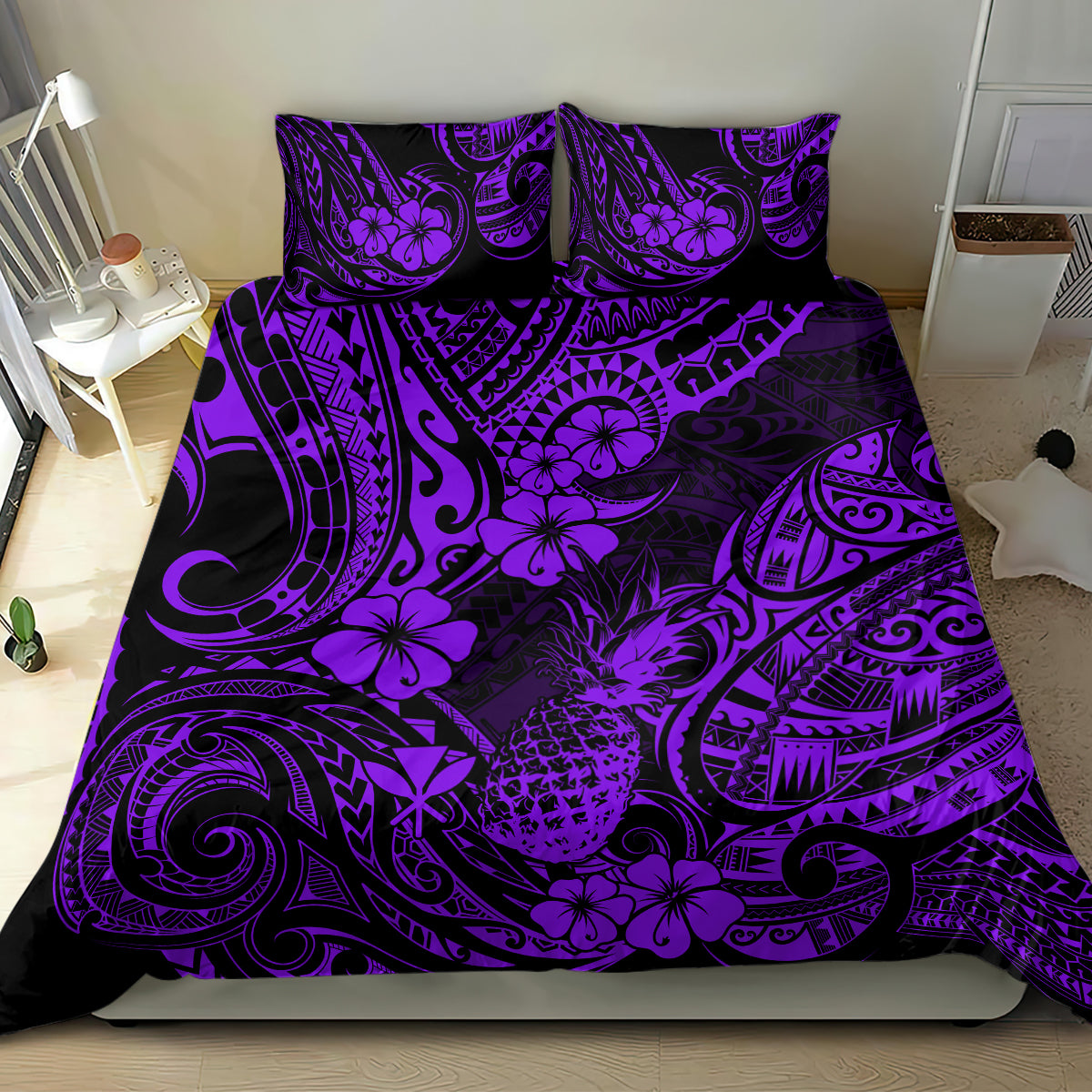 Purple Polynesian floral tribal pattern bedding set with pillows on the bed