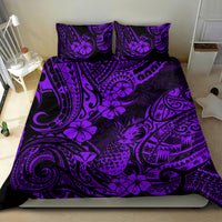 Purple Polynesian floral tribal pattern bedding set with pillows on the bed