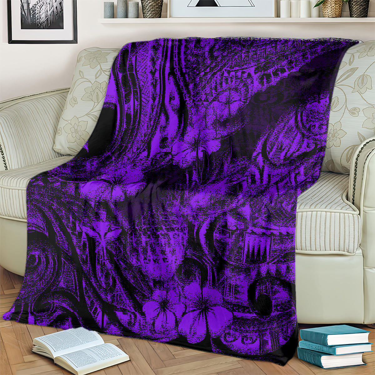 Purple Polynesian pineapple pattern blanket, draped across a couch arm