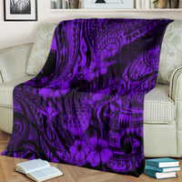 Purple Polynesian pineapple pattern blanket, draped across a couch arm