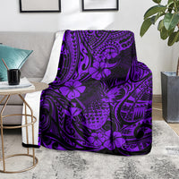 Purple Polynesian pineapple pattern blanket draped over chair arm