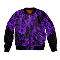 Purple bomber jacket with black sleeves, front zipper, and tropical floral print