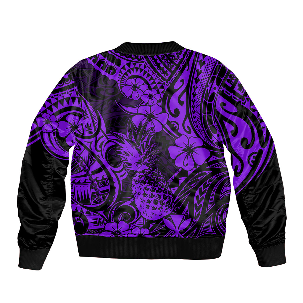 Purple bomber jacket with tropical pineapple and floral graphic print, ribbed hem and cuffs