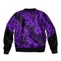 Purple bomber jacket with tropical pineapple and floral graphic print, ribbed hem and cuffs