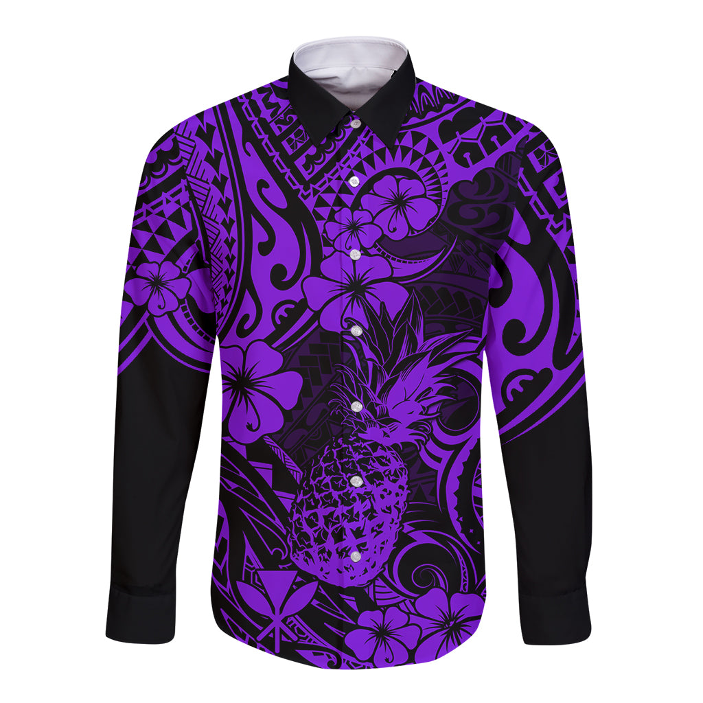 Long-sleeve button shirt in purple with black sleeves, bold pineapple floral print