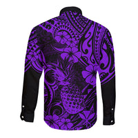 Long-sleeve button shirt back view, purple with black sleeves and pineapple floral pattern