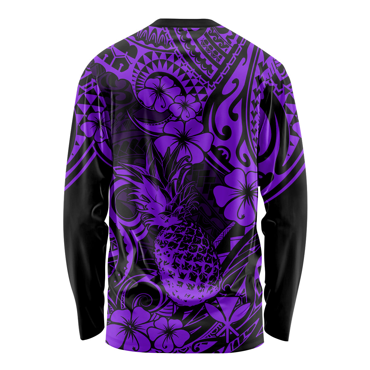 Unisex long-sleeve shirt, purple pineapple Polynesian pattern on back, crew neck