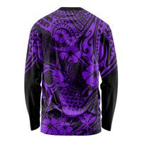 Unisex long-sleeve shirt, purple pineapple Polynesian pattern on back, crew neck