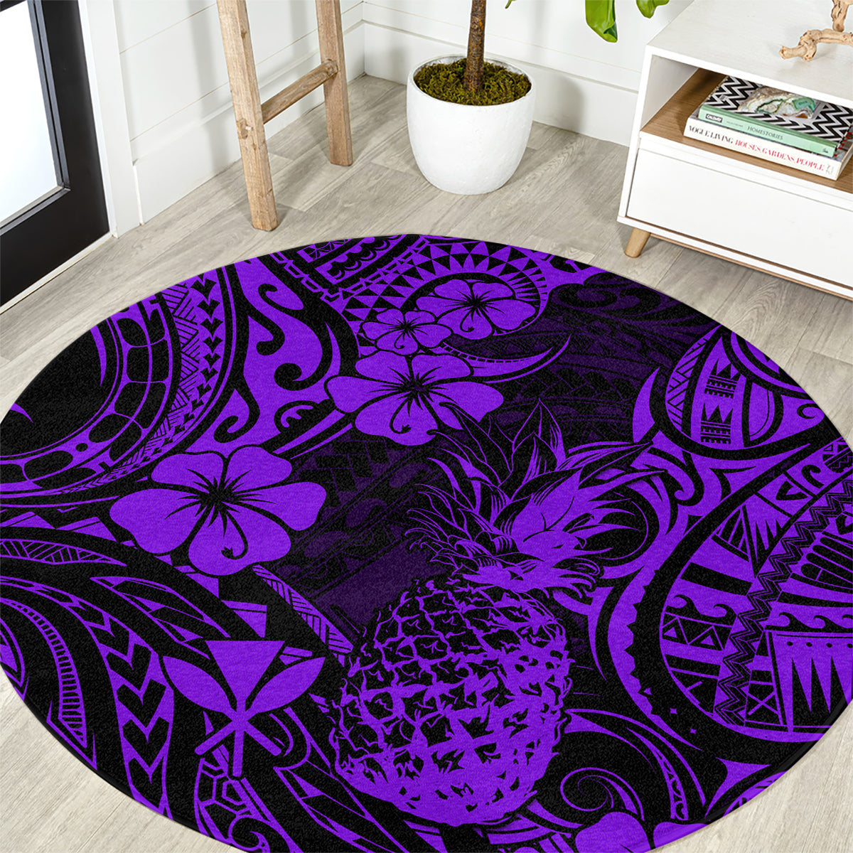 Purple round pineapple patterned area rug with Polynesian tribal swirls and flowers