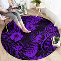 Purple round pineapple patterned area rug with Polynesian tribal swirls and floral motifs