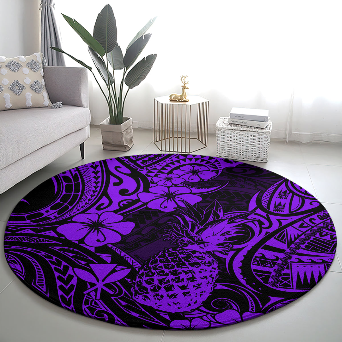 Purple round pineapple patterned rug with bold tribal motifs and hibiscus-like flowers