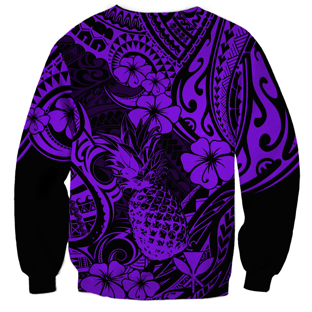 Unisex crewneck sweatshirt with full-print purple pineapple and tropical floral pattern