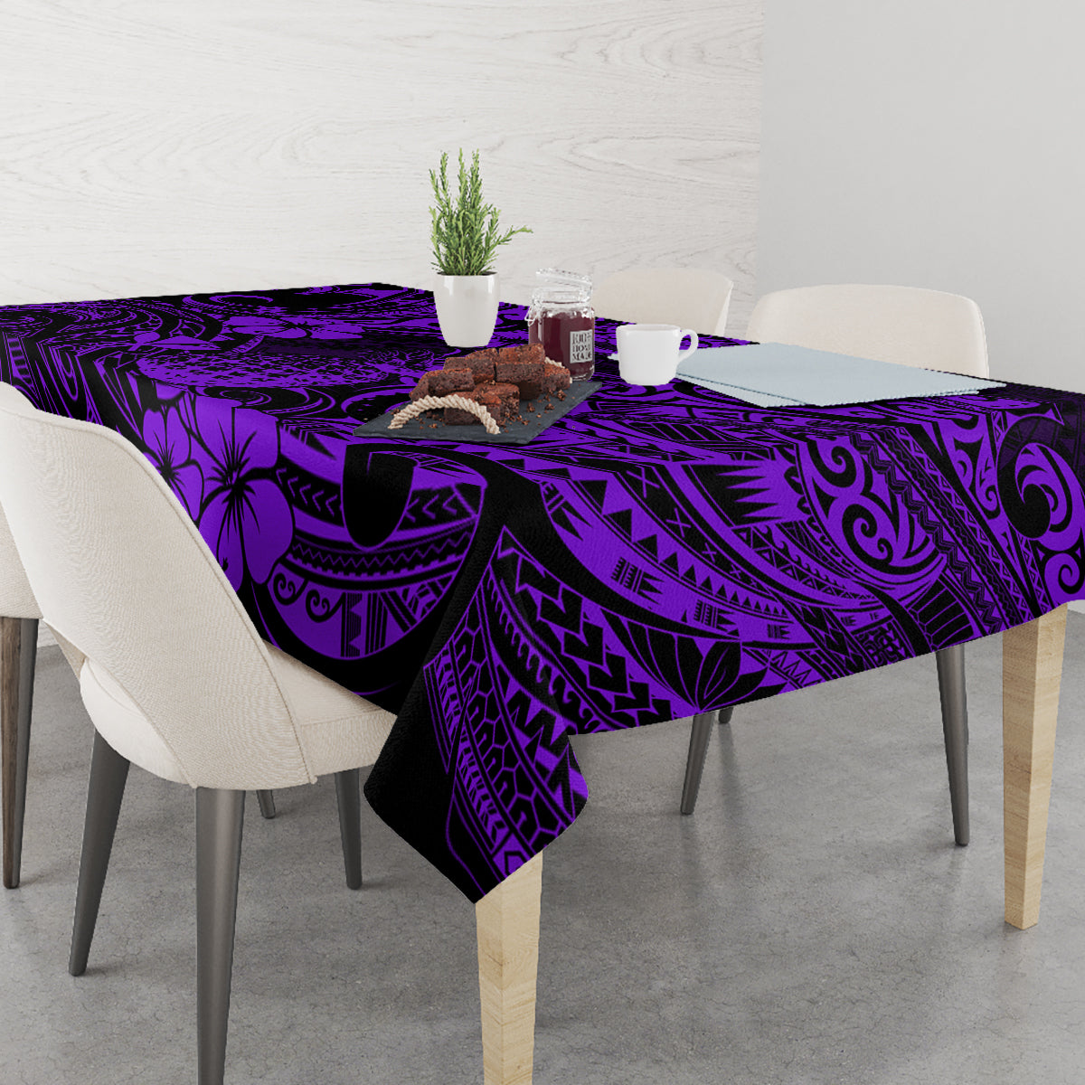 Purple and black tropical tiki tablecloth on dining table with chairs, corner drape
