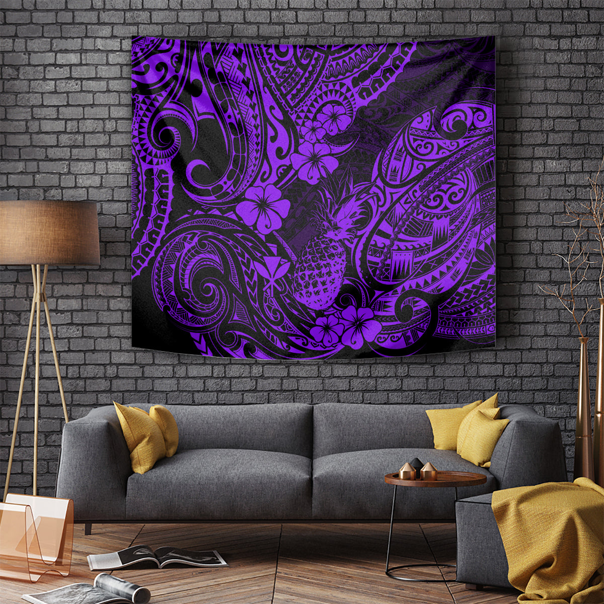 Purple Polynesian pineapple tapestry wall hanging with ornate tribal swirl pattern
