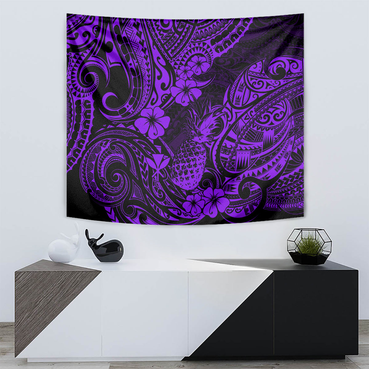 Purple Polynesian pineapple tapestry wall hanging with pineapple and tiki-style pattern