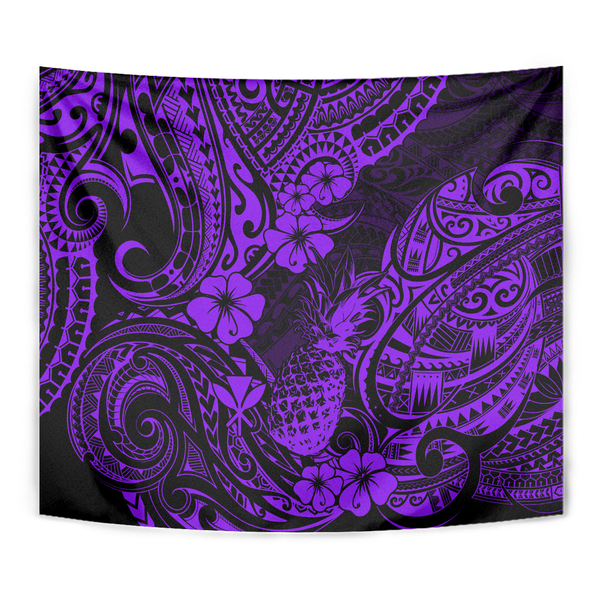 Purple Polynesian pineapple tapestry wall hanging, close view of tribal motif pattern
