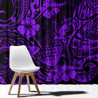 Purple curtain panel with bold pineapple and floral swirl pattern, draped window covering