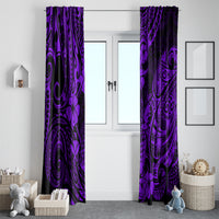 Purple Polynesian pineapple window curtains with swirl motifs, two-panel set