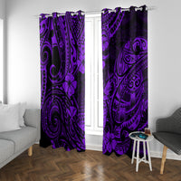 Purple pineapple-pattern curtains with Polynesian swirls, paired panels framing a door window
