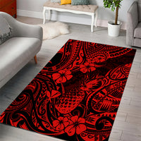 Rectangular red and black tropical motif area rug with Polynesian swirl details
