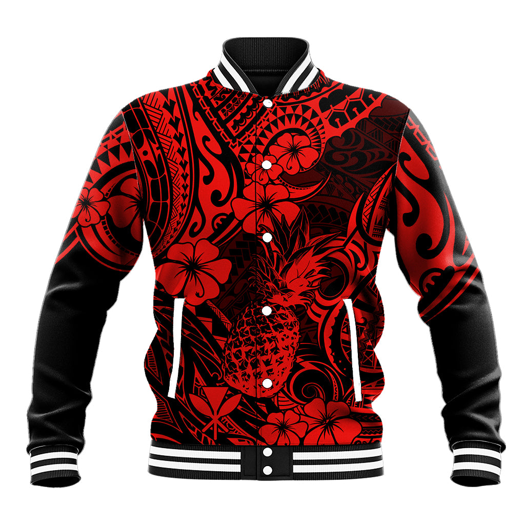 Red and black pineapple floral baseball jacket with striped ribbed collar and cuffs